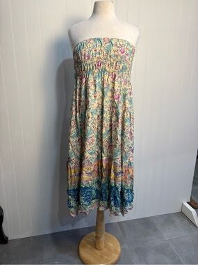 Boho Floral Strapless Midi Dress Festival Garden Wedding Guest Cottagecore M/L